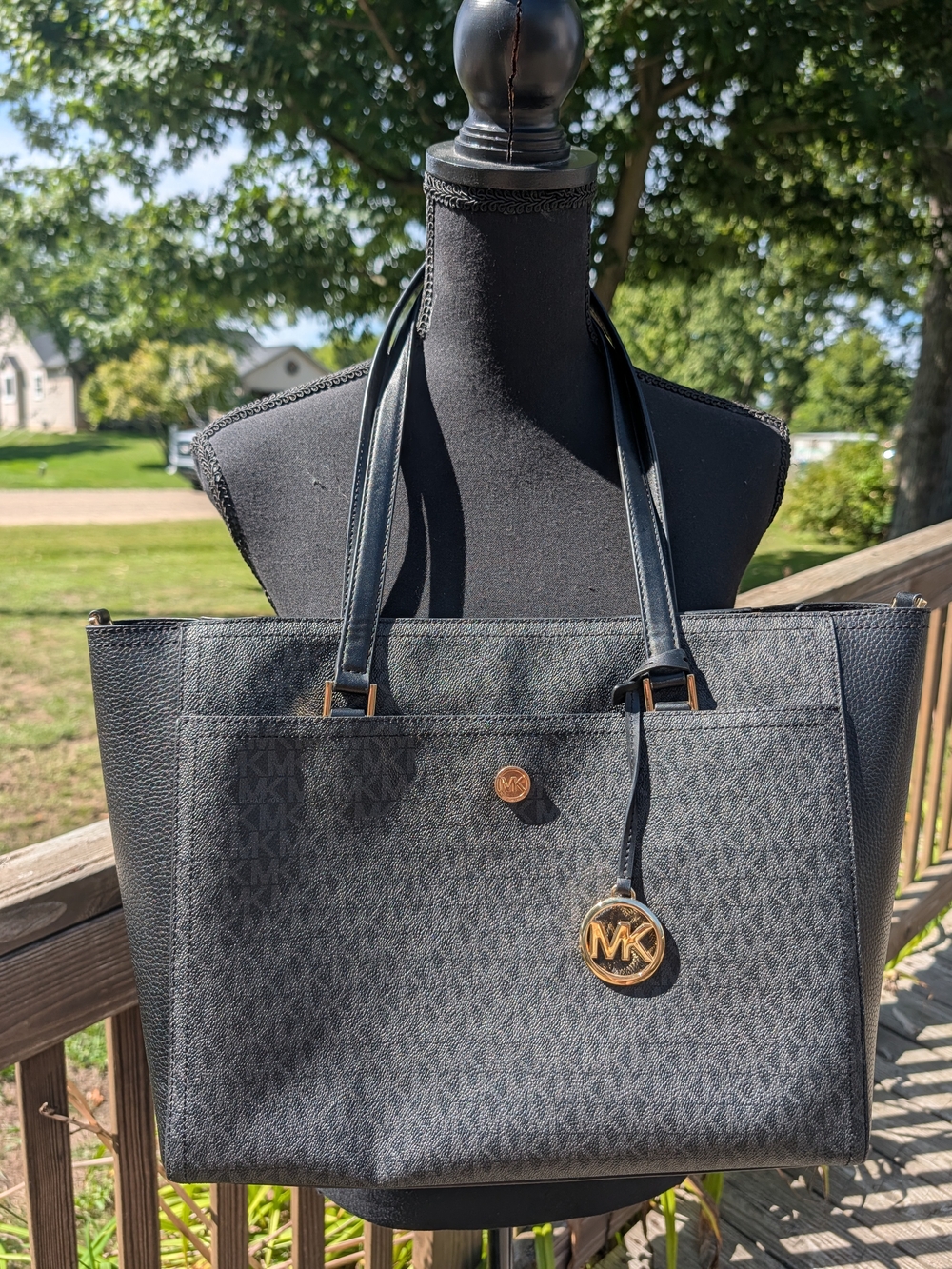 Michael Kors Black Logo-Print Large Tote with Gold Accent